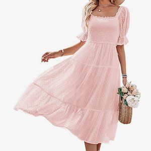Summer Light Pink Dress Square Neck Puff Sleeve Boho Midi Dress Swiss Dot Ruffle